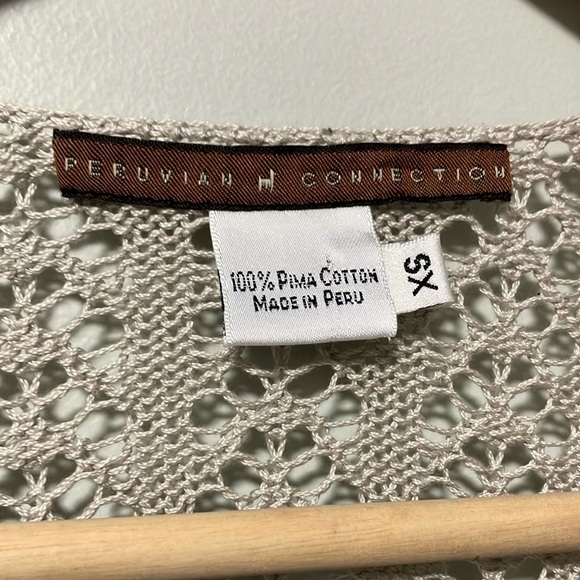 Peruvian Connection Beige Grey Crochet Knit Wrap Sweater made in Peru 100% Pima - Picture 3 of 6
